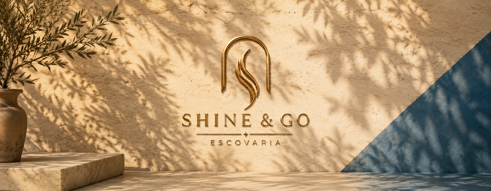 Logotipo Shine and Go em relevo dourado sobre parede de travertino, com sombras de oliveira e um canto azul Egeu