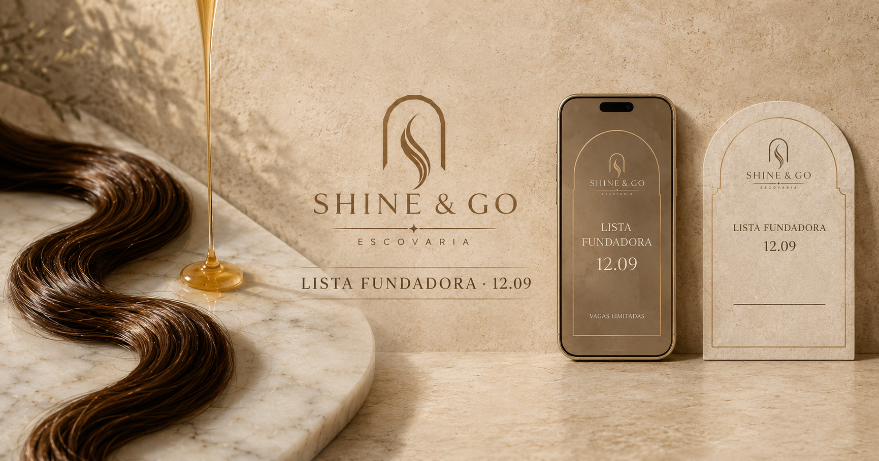 Convite de inauguração Shine and Go — Lista Fundadora 12.09, com logotipo dourado e mockup do app