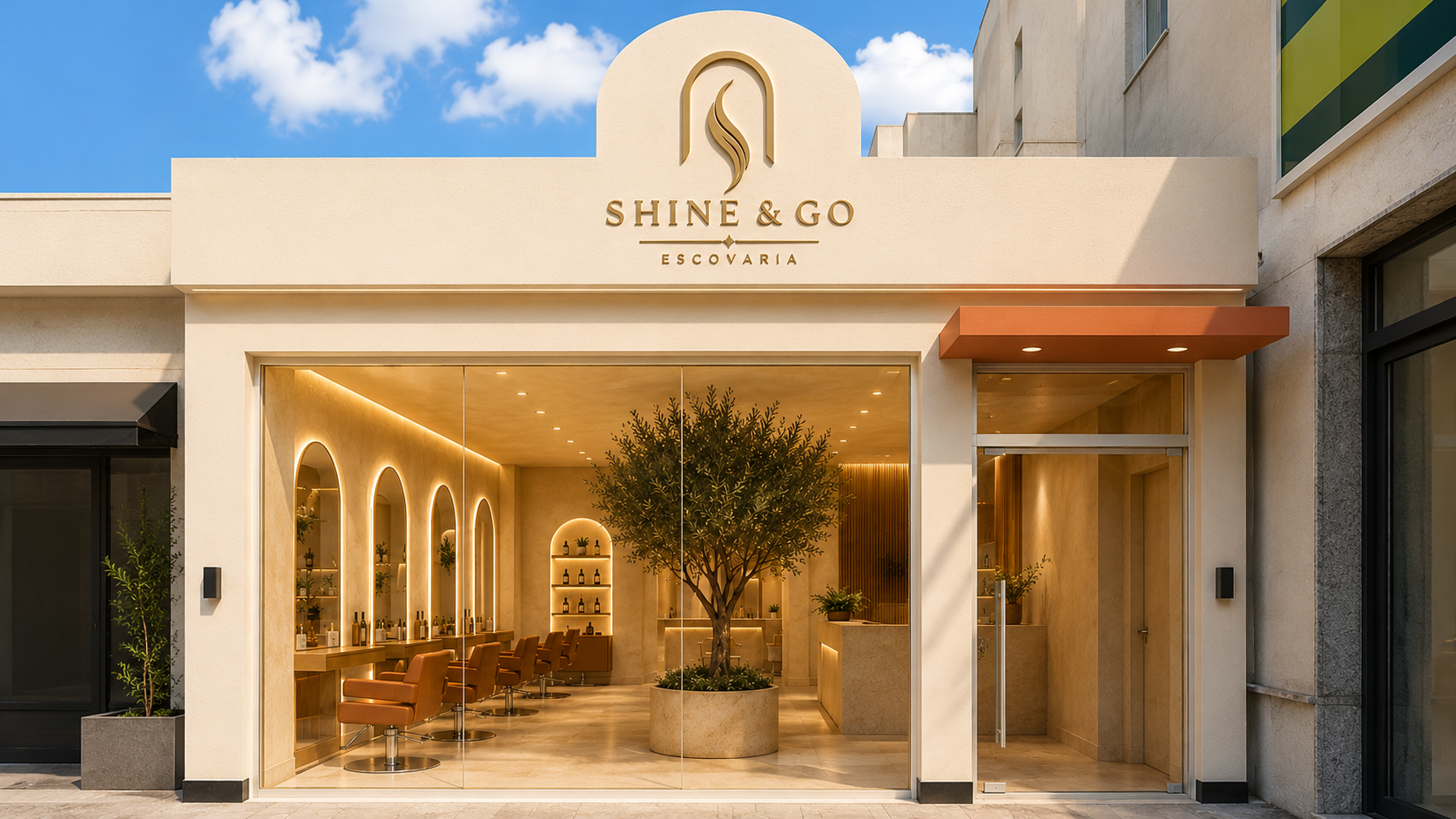 Fachada da Shine and Go em travertino claro, com o logotipo em arco e a oliveira ao centro pela vitrine